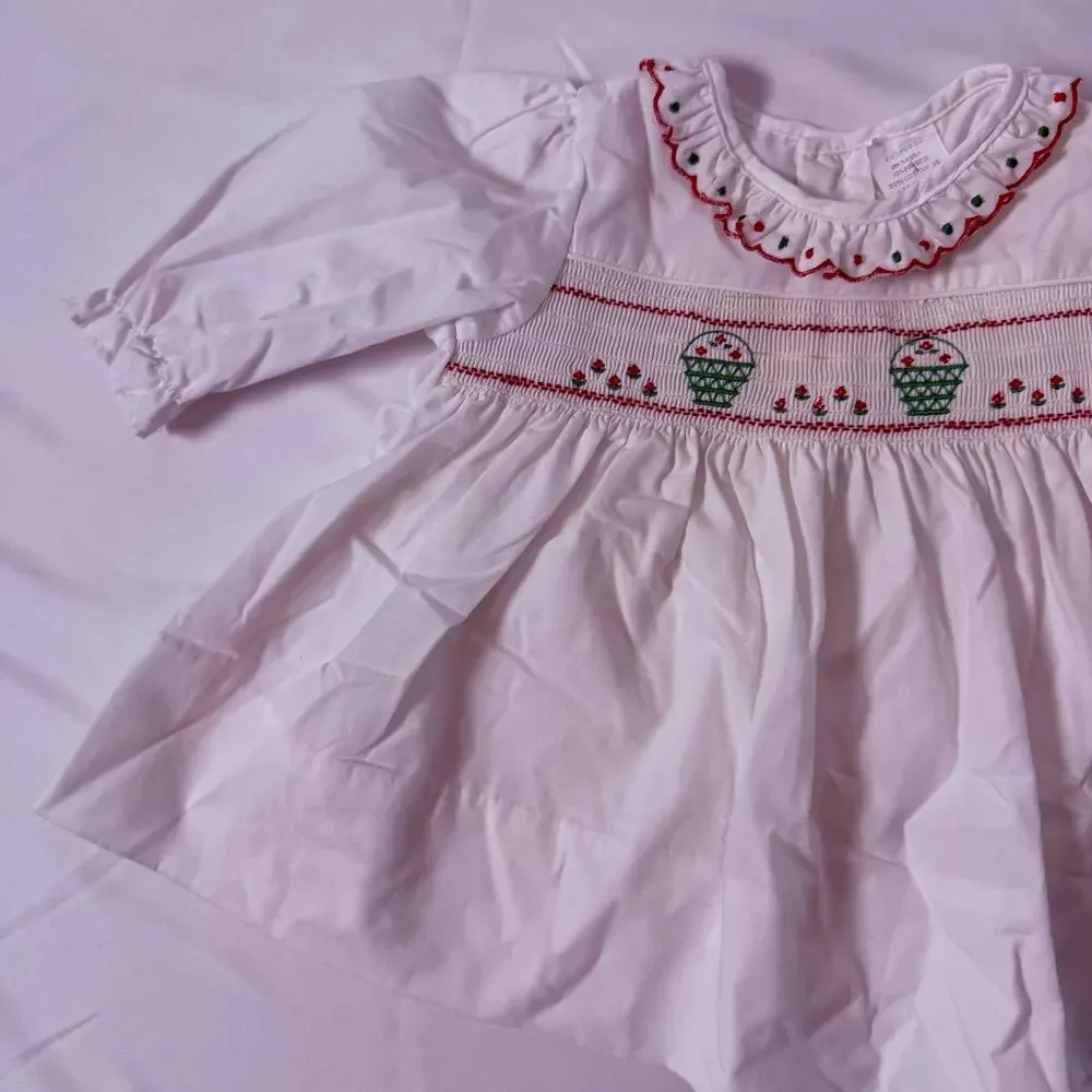 Vintage 80s Holiday Smocked Embroidered Peter Pan Collar White Christmas Dress